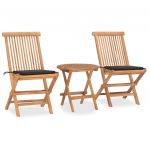 3 Peças Conjunto Jantar Dobrável Exterior com Almofadão Teca Maciça - 3063179