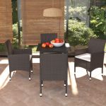 5 Peças Conjunto Jantar para Jardim com Almofadões Vime Pe Castanho - 3094992