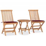 3 Peças Conjunto Jantar Dobrável Exterior com Almofadão Teca Maciça - 3063180
