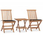 3 Peças Conjunto Jantar Dobrável Exterior com Almofadão Teca Maciça - 3063206