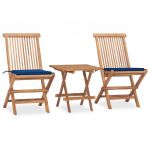 3 Peças Conjunto Jantar Dobrável Exterior com Almofadão Teca Maciça - 3063208
