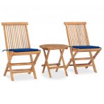 3 Peças Conjunto Jantar Dobrável Exterior com Almofadão Teca Maciça - 3063181