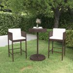 3 Peças Conjunto de Bar para Jardim com Almofadões Vime Pe Castanho - 3094771