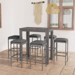 5 Peças Conjunto de Bar para Jardim com Almofadões Vime Pe Cinzento - 3064785