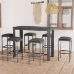 7 Peças Conjunto de Bar para Jardim com Almofadões Vime Pe Cinzento - 3064788