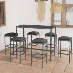 7 Peças Conjunto de Bar para Jardim com Almofadões Vime Pe Cinzento - 3064824