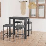 5 Peças Conjunto de Bar para Jardim com Almofadões Vime Pe Cinzento - 3064782
