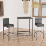 3 Peças Conjunto de Bar para Jardim com Almofadões Vime Pe Cinzento - 3064829