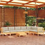8 Peças Conjunto Lounge Jardim com Almofadões Creme Pinho Maciço - 3096701