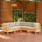 5 Peças Conjunto Lounge Jardim com Almofadões Creme Pinho Maciço - 3096671