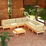 8 Peças Conjunto Lounge Jardim com Almofadões Creme Pinho Maciço - 3096797