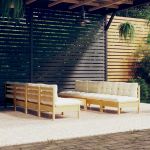 9 Peças Conjunto Lounge Jardim com Almofadões Creme Pinho Maciço - 3096142