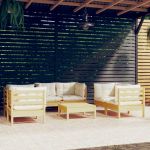 7 Peças Conjunto Lounge Jardim com Almofadões Creme Pinho Maciço - 3096250