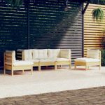 5 Peças Conjunto Lounge Jardim com Almofadões Creme Pinho Maciço - 3096184