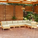 8 Peças Conjunto Lounge Jardim com Almofadões Creme Pinho Maciço - 3096659