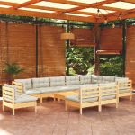 11 Peças Conjunto Lounge Jardim com Almofadões Creme Pinho Maciço - 3096761