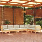 7 Peças Conjunto Lounge Jardim com Almofadões Creme Pinho Maciço - 3096695