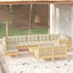 10 Peças Conjunto Lounge Jardim com Almofadões Creme Pinho Maciço - 3096484