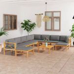 11 Peças Conjunto Lounge Jardim com Almofadões Cinzentos Teca Maciça - 3087229