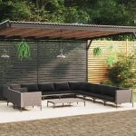 12 Peças Conjunto Lounge Jardim com Almofadões Vime Pe Cinza-escuro - 3099901