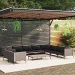 11 Peças Conjunto Lounge Jardim com Almofadões Vime Pe Cinza-escuro - 3099899