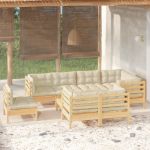 9 Peças Conjunto Lounge Jardim com Almofadões Creme Pinho Maciço - 3096520