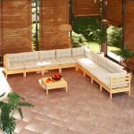 10 Peças Conjunto Lounge Jardim com Almofadões Creme Pinho Maciço - 3096821