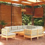 10 Peças Conjunto Lounge Jardim com Almofadões Creme Pinho Maciço - 3096773