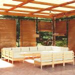 13 Peças Conjunto Lounge Jardim com Almofadões Creme Pinho Maciço - 3097235