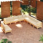 11 Peças Conjunto Lounge Jardim com Almofadões Creme Pinho Maciço - 3096851