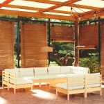 10 Peças Conjunto Lounge Jardim com Almofadões Creme Pinho Maciço - 3097205