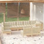 9 Peças Conjunto Lounge Jardim com Almofadões Creme Pinho Maciço - 3096478