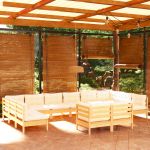 12 Peças Conjunto Lounge Jardim com Almofadões Creme Pinho Maciço - 3097271