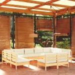 11 Peças Conjunto Lounge Jardim com Almofadões Creme Pinho Maciço - 3097211