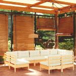 9 Peças Conjunto Lounge Jardim com Almofadões Creme Pinho Maciço - 3097199