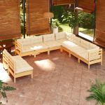 9 Peças Conjunto Lounge Jardim com Almofadões Creme Pinho Maciço - 3096827