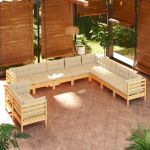 10 Peças Conjunto Lounge Jardim com Almofadões Creme Pinho Maciço - 3096911