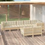 9 Peças Conjunto Lounge Jardim com Almofadões Creme Pinho Maciço - 3096460