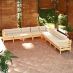 9 Peças Conjunto Lounge Jardim com Almofadões Creme Pinho Maciço - 3096815