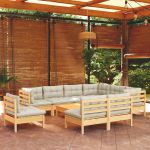 10 Peças Conjunto Lounge Jardim com Almofadões Creme Pinho Maciço - 3096749