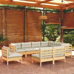 9 Peças Conjunto Lounge Jardim com Almofadões Creme Pinho Maciço - 3096743
