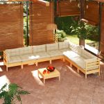 9 Peças Conjunto Lounge Jardim com Almofadões Creme Pinho Maciço - 3096809