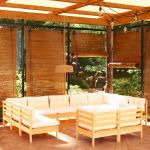 11 Peças Conjunto Lounge Jardim com Almofadões Creme Pinho Maciço - 3097259