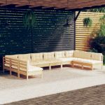 10 Peças Conjunto Lounge Jardim com Almofadões Creme Pinho Maciço - 3097187