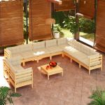 11 Peças Conjunto Lounge Jardim com Almofadões Creme Pinho Maciço - 3096917