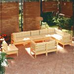 10 Peças Conjunto Lounge Jardim com Almofadões Creme Pinho Maciço - 3096779