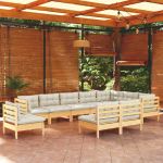 10 Peças Conjunto Lounge Jardim com Almofadões Creme Pinho Maciço - 3096755
