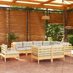 9 Peças Conjunto Lounge Jardim com Almofadões Creme Pinho Maciço - 3096767