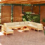 11 Peças Conjunto Lounge Jardim com Almofadões Creme Pinho Maciço - 3096845