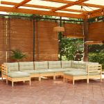 9 Peças Conjunto Lounge Jardim com Almofadões Creme Pinho Maciço - 3096707